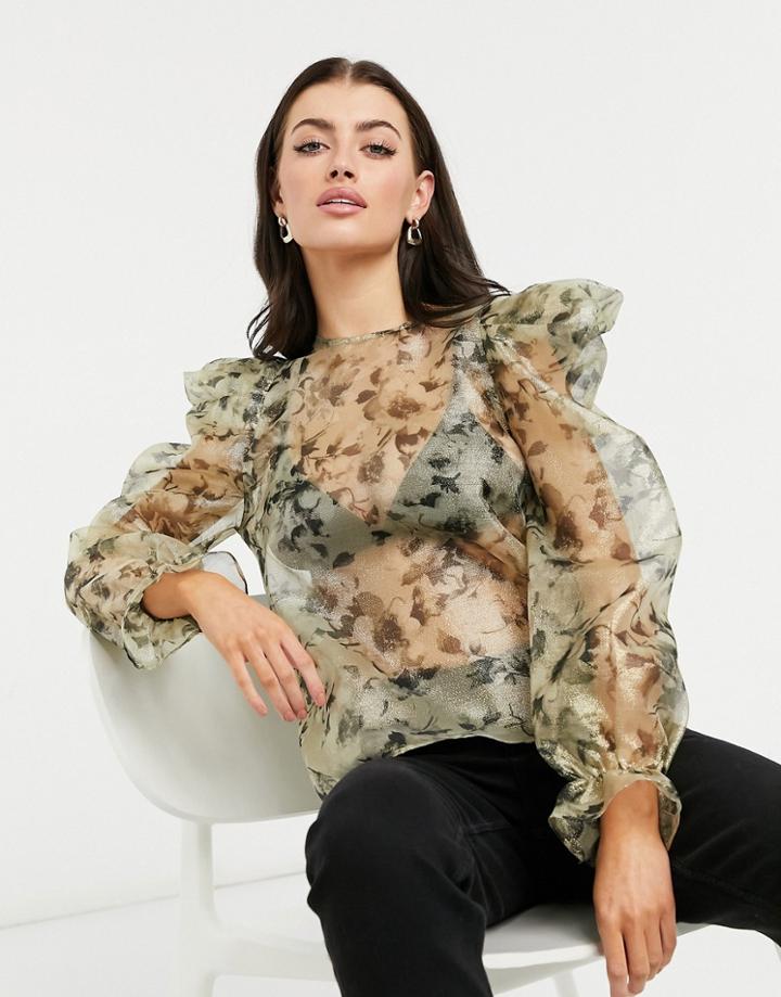 River Island Floral Metallic Ruffle Blouse In Gold
