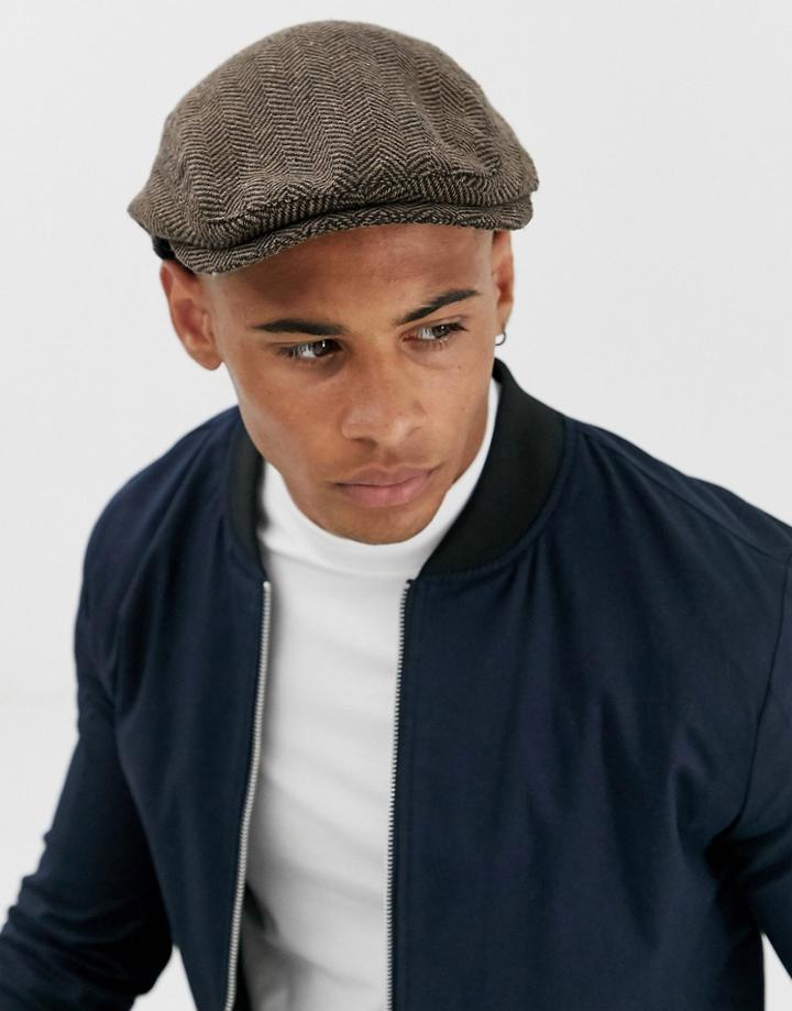Asos Design Brown Herringbone Flat Cap