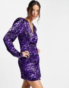 Topshop Satin Animal Wrap Mini Dress In Purple