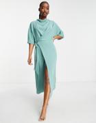 Asos Design Cowl Neck Midi Dress With Wrap Skirt In Duck Egg-blue