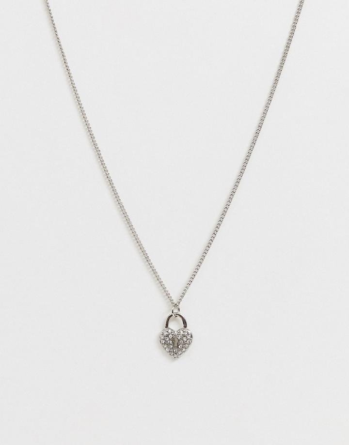 Asos Design Necklace With Crystal Heart Padlock Pendant In Silver Tone - Silver
