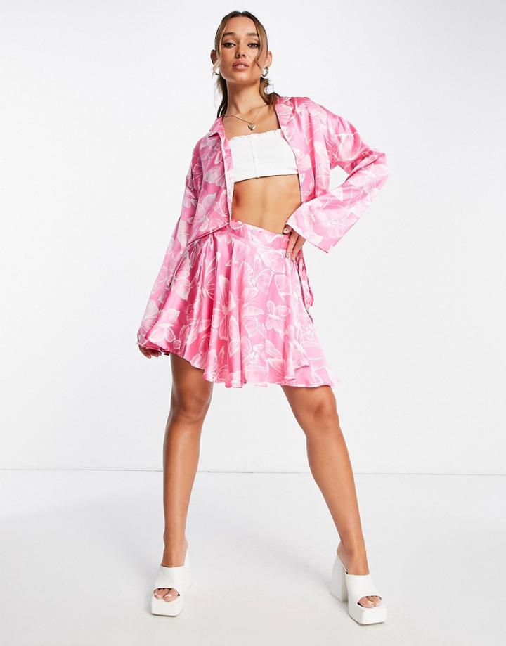 Neon Rose Relaxed Boxy Cropped Shirt In Butterfly Satin - Part Of A Set-pink