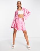 Neon Rose Relaxed Boxy Cropped Shirt In Butterfly Satin - Part Of A Set-pink