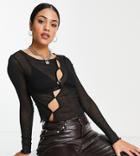 Topshop Tall Mesh Asymmetric Button Through Top In Black