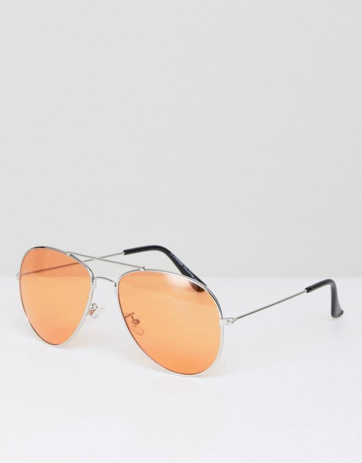 7x Aviator Sunglasses With Orange Color Lens - Silver