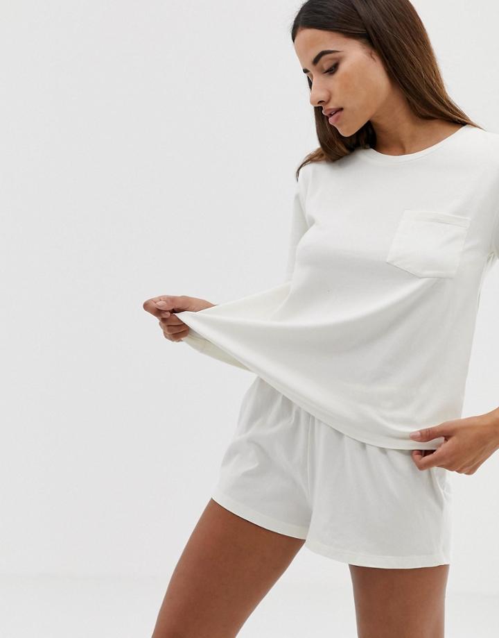 Asos Design Organic Cotton Pocket Tee And Short Pyjama Set - White