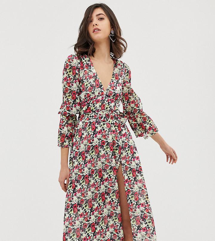 Dusty Daze Long Sleeved Midi Dress With Thigh Split In Floral-multi