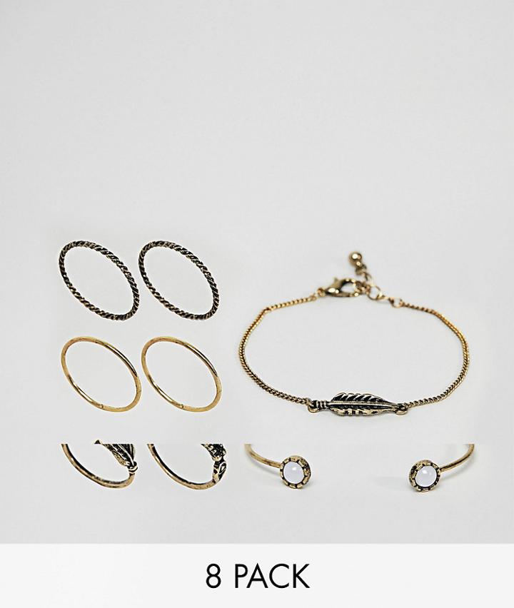 Asos Design Pack Of 8 Engraved Stone And Feather Bracelets And Rings - Gold