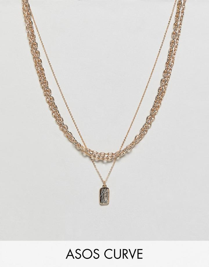 Asos Design Curve Multirow Necklace With Mixed Link Chain And Tag Pendant In Gold - Gold