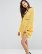 Kiss The Sky Button Front Tea Dress With Ladder Inserts - Yellow
