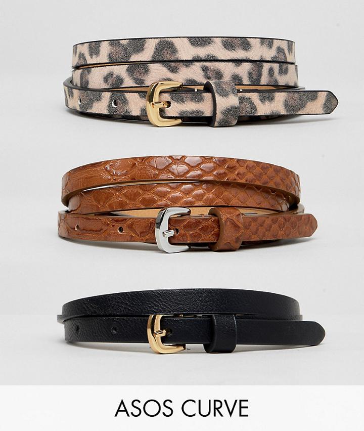 Asos Design Curve 3 Pack Waist And Hip Jeans Belts In Snake & Leopard-multi