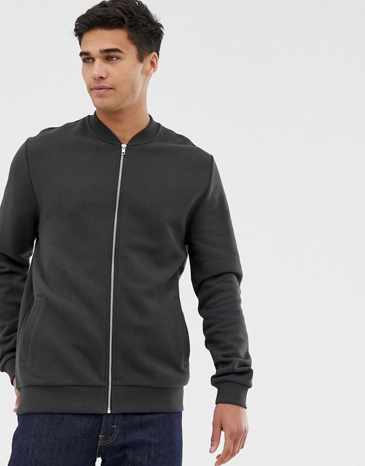 Asos Design Jersey Bomber Jacket In Washed Black - Black