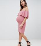 Asos Design Maternity Off Shoulder Dress In Chunky Rib With Frill - Pink