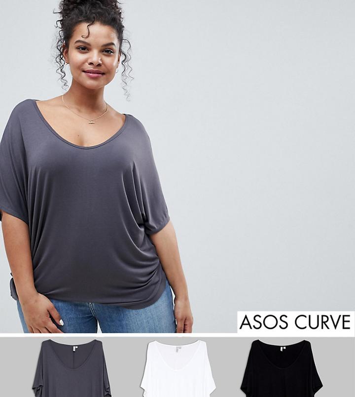 Asos Design Curve T-shirt With Drapey Batwing Sleeve 3 Pack - Multi
