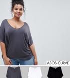 Asos Design Curve T-shirt With Drapey Batwing Sleeve 3 Pack - Multi