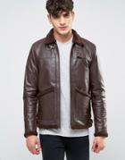 Asos Fleece Lined Leather Jacket In Brown - Brown