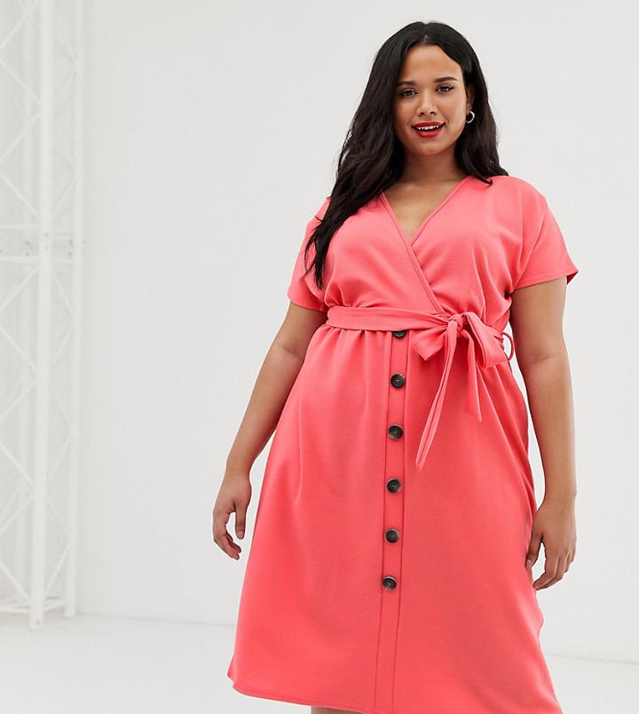 Boohoo Plus Button Through Midi Dress In Pink - Pink