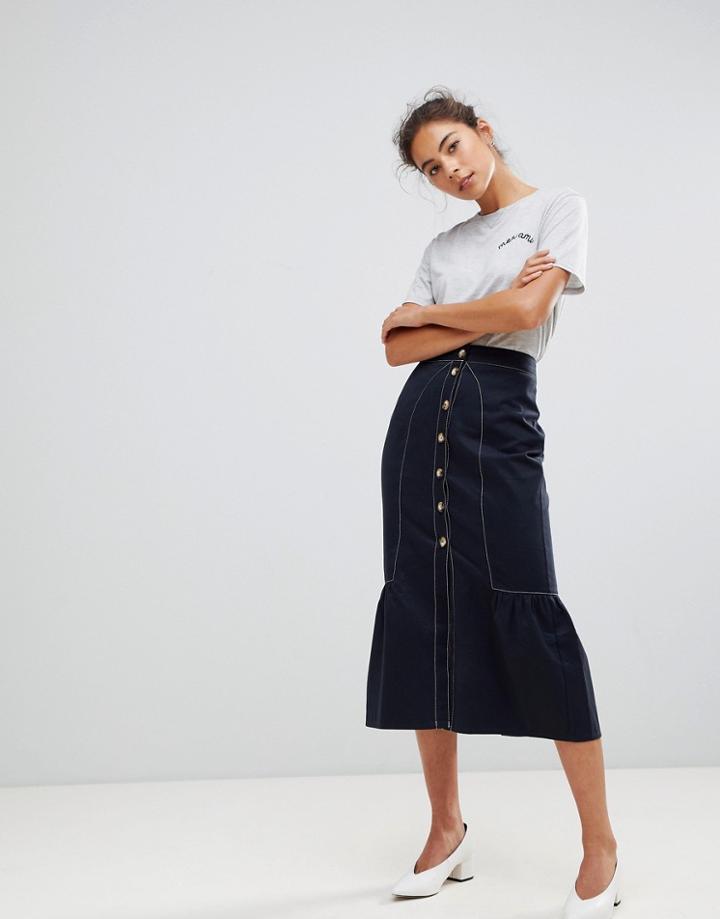 Asos Midaxi Skirt With Buttons And Contrast Stitching - Navy
