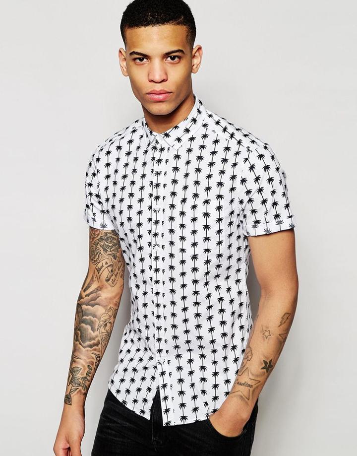 Asos Skinny Shirt With Palm Tree Print In Short Sleeve - White