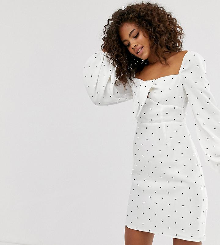Glamorous Tall Tie Front Mini Dress With Volume Sleeves In Polka Dot-white
