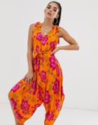 Asos Design Tie Shoulder Harem Beach Jumpsuit In Bold Floral Print-multi