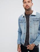 Liquor N Poker Fleece Lined Collar Denim Jacket In Stone Wash-blue