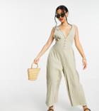Asos Design Petite Button Front Lace Trim Swing Jumpsuit In Khaki-green