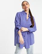 Public Desire Oversized Waffled Check Shirt In Blue-blues