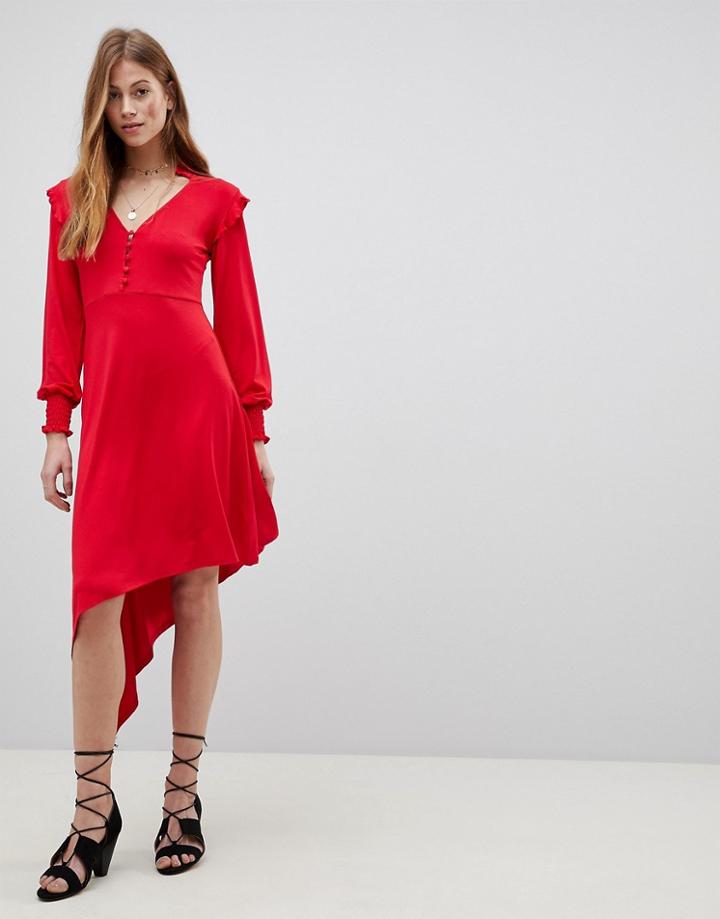 Asos Shirred Cuff Button Tea Dress With Asymmetric Hem