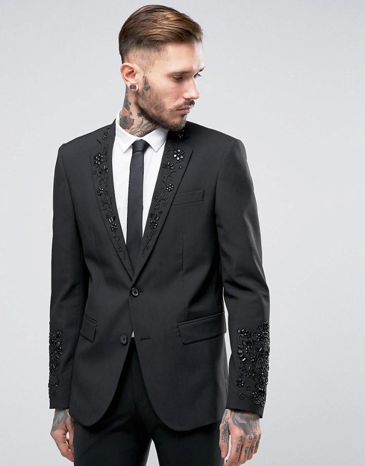 Asos Skinny Blazer In Black With Beaded Gem Detail - Black