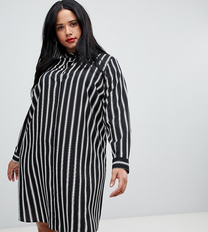 Asos Design Curve Mini Shirt Dress In Stripe With Long Sleeves-multi