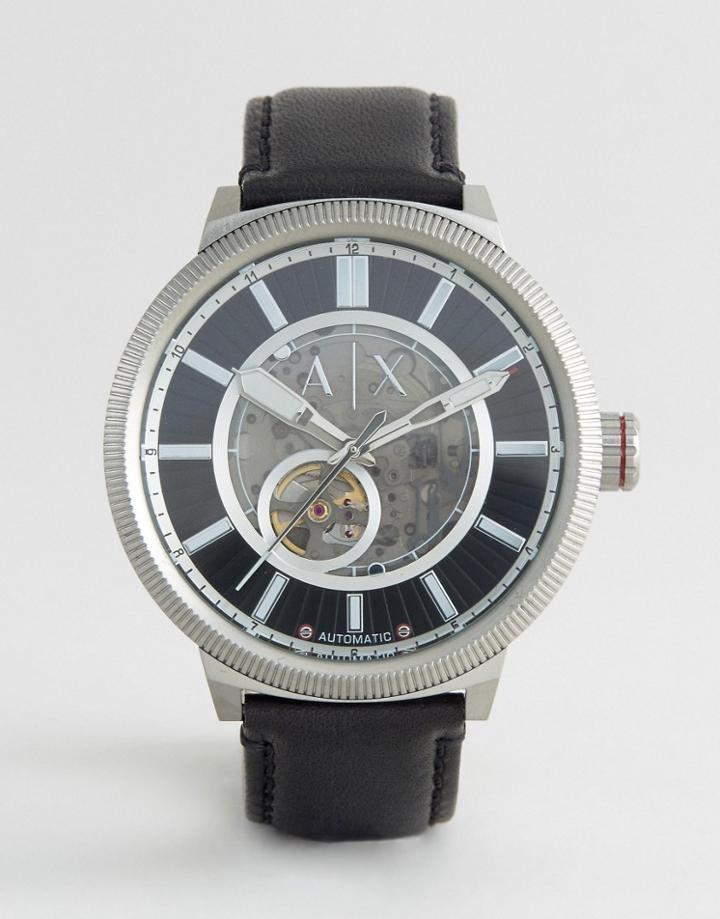 Armani Exchange Ax1418 Automatic Leather Watch In Black - Black