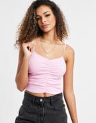 Asos Design Crop Cami With Ruched Front In Rib In Pink