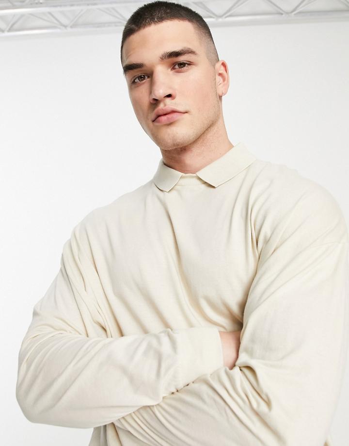 Asos Design Long Sleeve Oversized Polo In Heavyweight In Beige-neutral