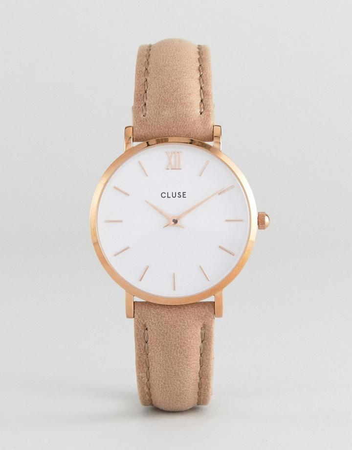 Cluse Cl30043 Minuit Leather Watch Rose Gold White/hazelnut - Brown