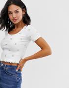 Asos Design Rib Top With Ditsy Embroidery-white