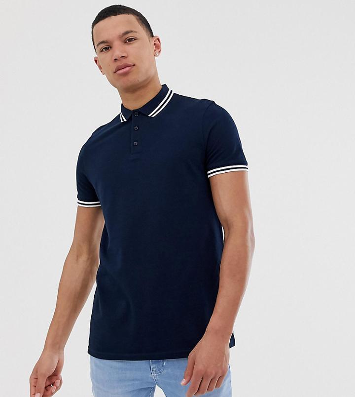 Asos Design Tall Pique Polo Shirt With Tipping In Navy