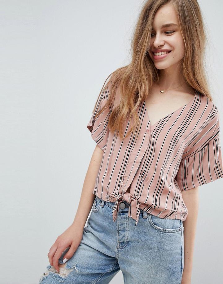 Pull & Bear Stripe Tie Front Shirt In Pink Stripe - Pink