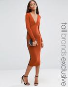 Naanaa Tall Plunge Front Midi Dress With Lattice Side Detail - Orange