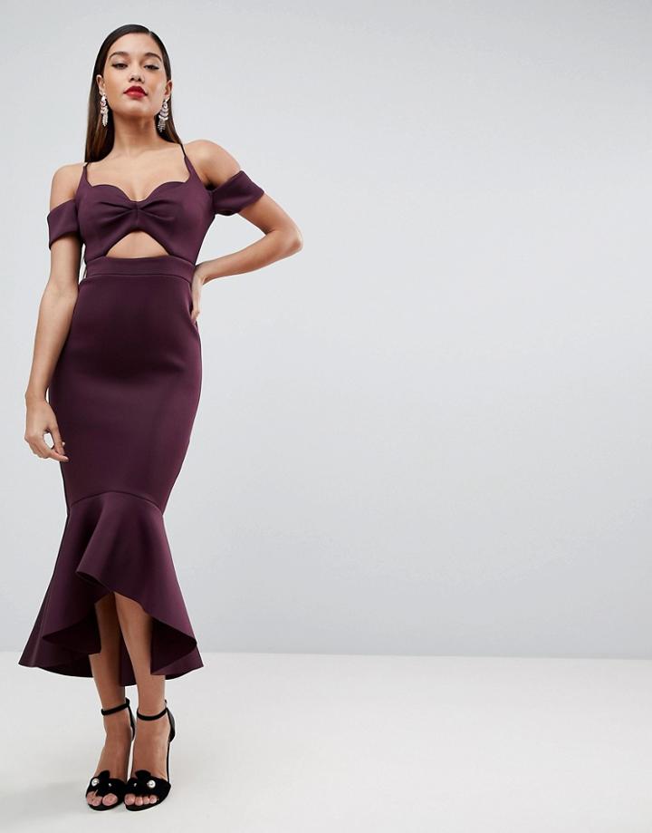 Asos Premium Cold Shoulder Cut Out Pephem Midi Dress-purple