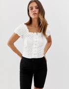 New Look Broderie Lattice Front Top In White - White