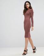 Asos Midi Body-conscious Dress In Rib With Long Sleeves - Brown