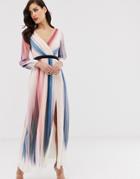 Little Mistress Ombre Stripe Long Sleeve Printed Wrap Dress-multi