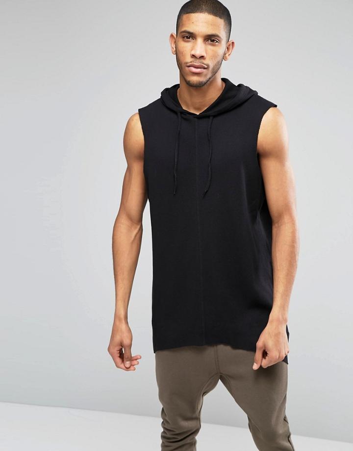 Asos Waffle Oversized Sleeveless T-shirt With Hood - Black