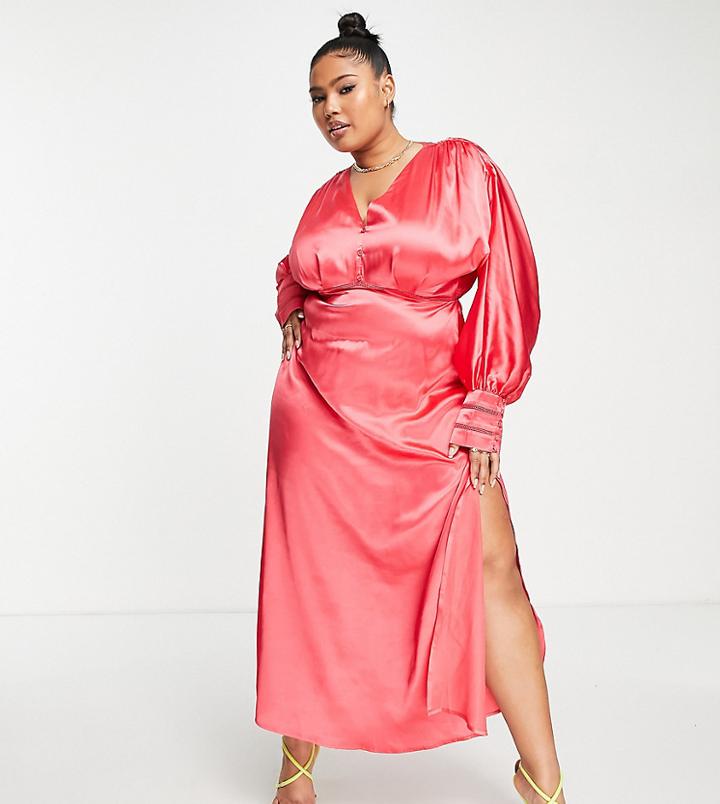 Hope & Ivy Plus Milly Satin Batwing Midi Dress In Coral-pink