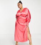 Hope & Ivy Plus Milly Satin Batwing Midi Dress In Coral-pink