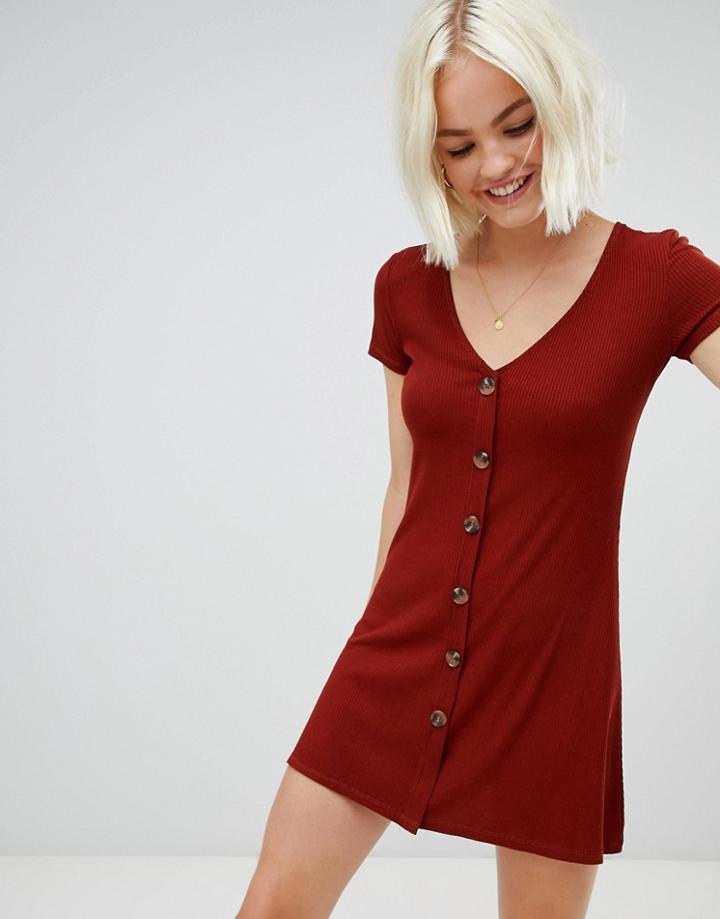 Pull & Bear Ribbed Button Front Dress - Red