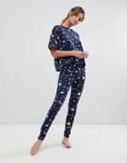 Asos Design Outer Space Legging And Tee Pyjama Set - Navy