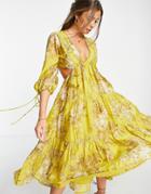 Asos Design Tiered Voile Midi Dress With Lace Trim In Wisteria Blossom Print-multi