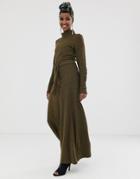 Asos Design Long Sleeve Maxi Dress With Roll Neck And Self Belt - Green